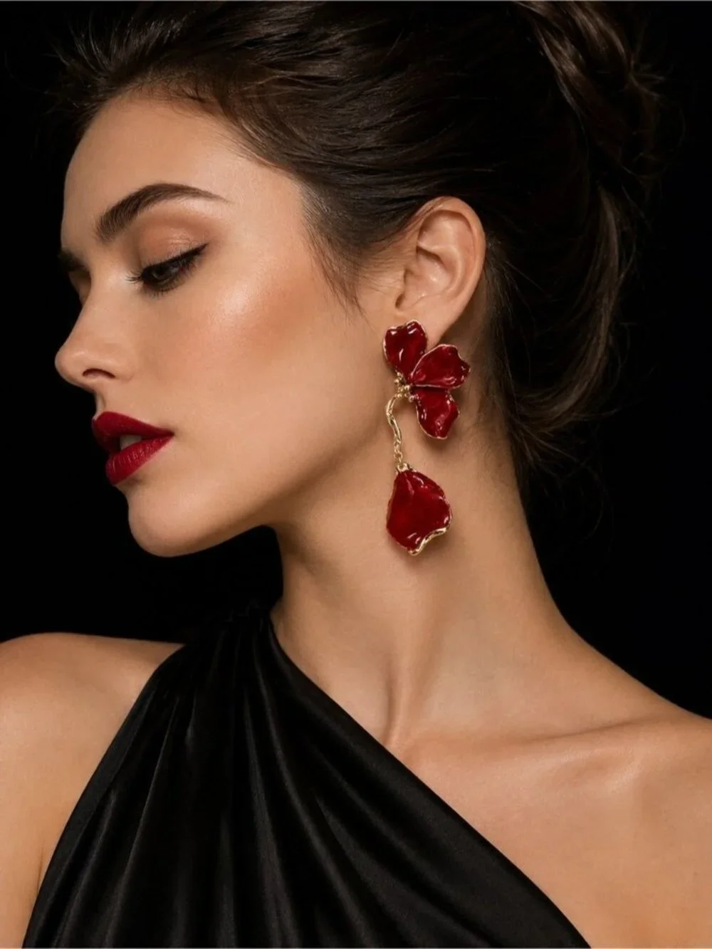 Ruby Red Floral Statement Earrings | Gold Tone Designer-Inspired Drop Earrings